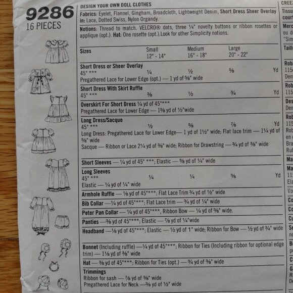 Vintage Doll Clothes Sewing Pattern Dress 12" to 22" Dolls Simplicity 9286 UNCUT - Picture 5 of 9